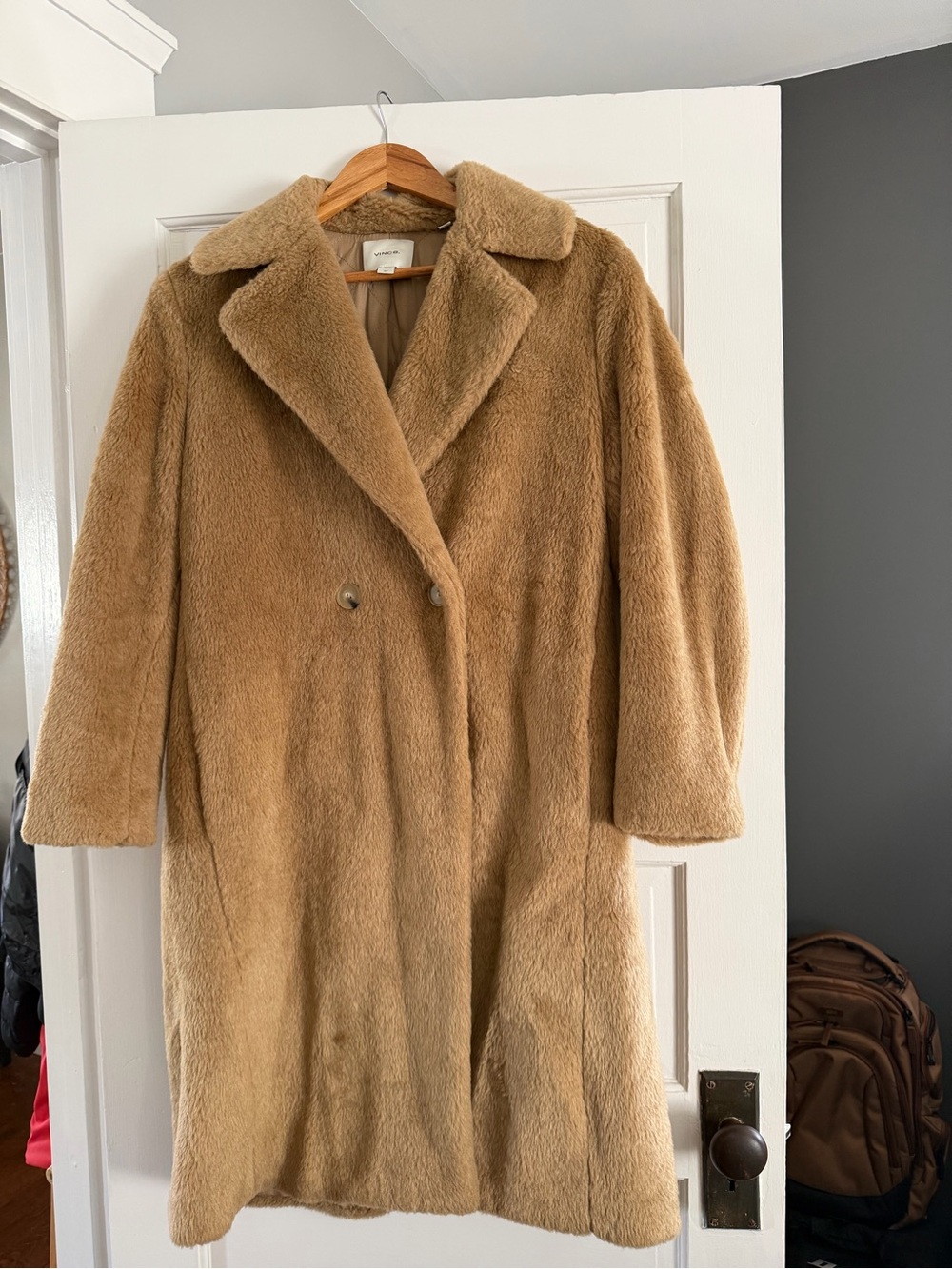 Vince Faux Sherling Long Coat Tan